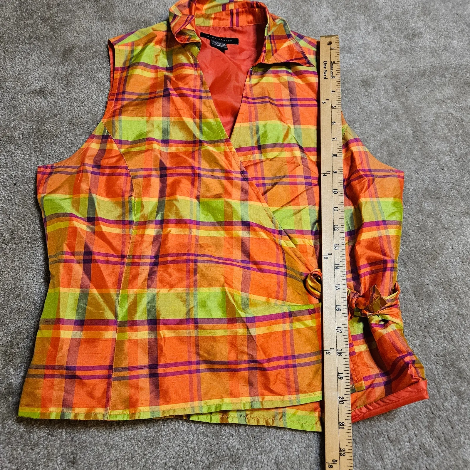 Anne Carson 100% Silk Vintage Sleeveless Retro Striped Orange Green Top Medium M - Image 4