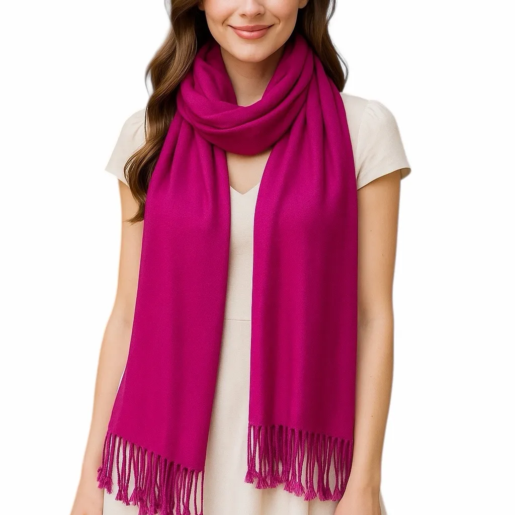 Women’s Bundle 3 Oblong Scarfs Solid Color Fringe Pink Peacock Blue Hot Pink - Image 6