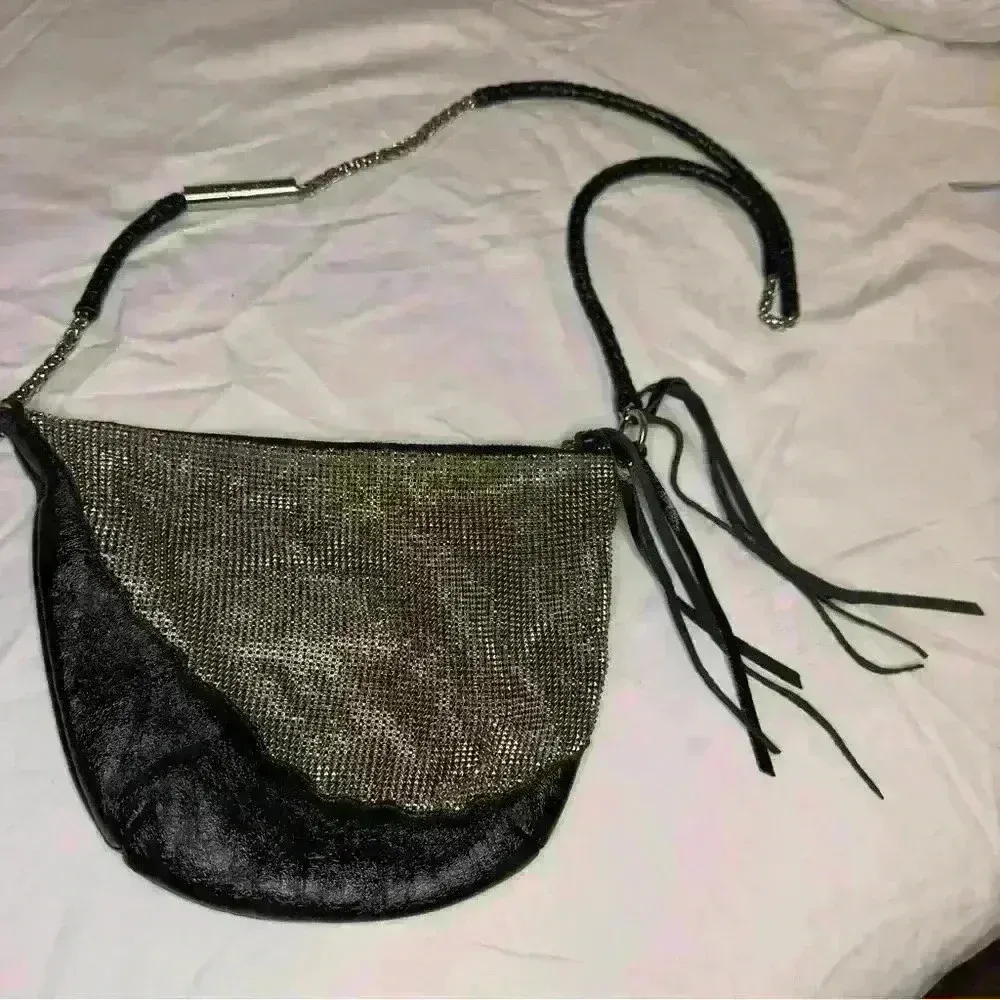 Metallic Silver & Black Purse Hobo Bag Chain Strap & Tassel Detail - Image 6