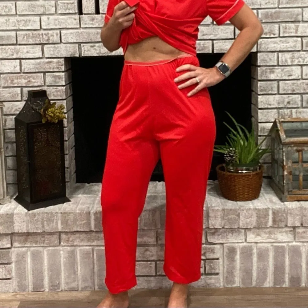 Vintage 70s Lorraine Candy Apple Red Lingerie Pajama Medium Top Pants PJs Nylon - Image 10