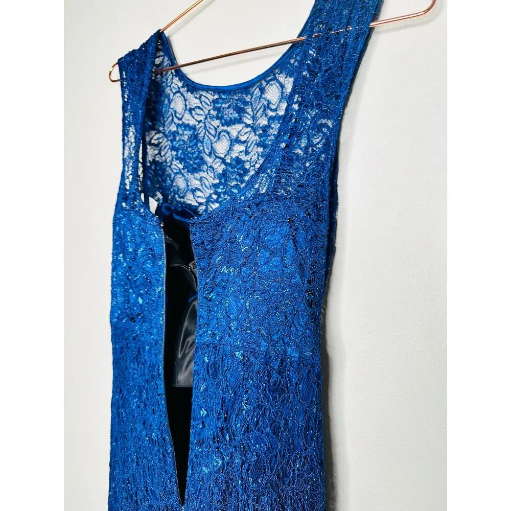 THEIA Dark Blue Metallic Floral Lace Overlay Shimmering Element Gown Size 6 - Image 9