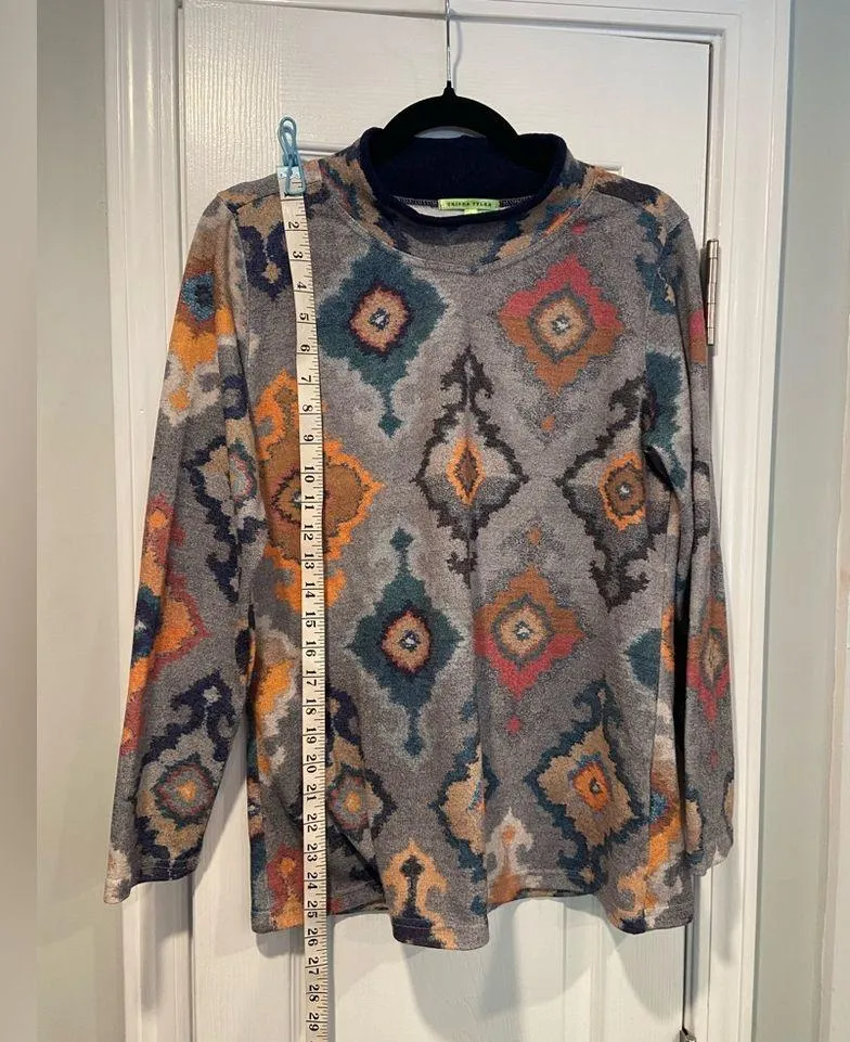 Trisha Tyler Size S Navy Blue Aztec Print Long Sleeve Mock Neck Stretch Top - Image 9