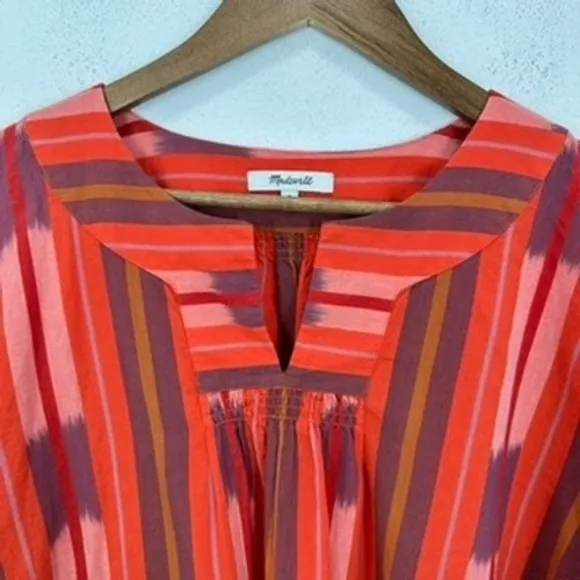 Madewell‎ Women's Striped Ikat Print Long Sleeve Blouse Top Red Brown V Neck Med - Image 3