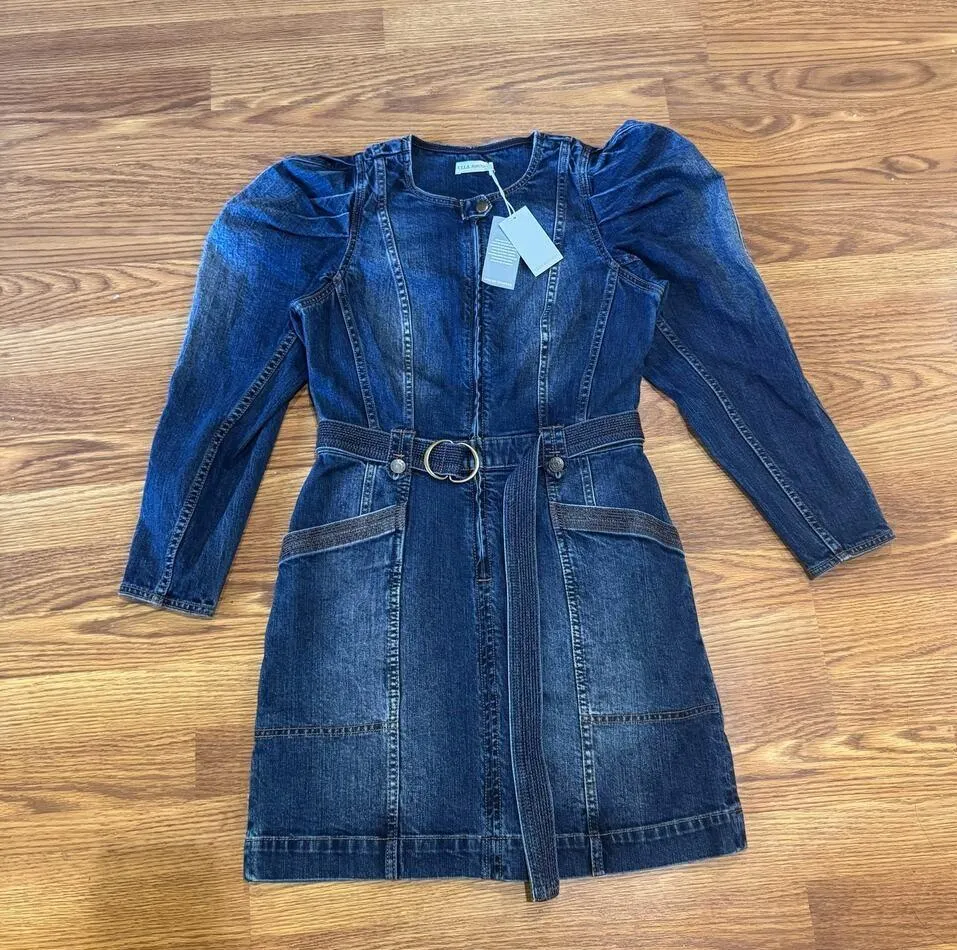 ULLA JOHNSON Cori Dress Dark Wash denim long puff sleeve romper size 4 - Image 9