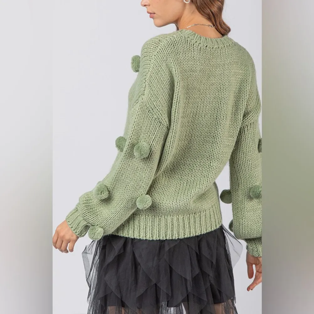 Women’s Pom Pom Knit Sweater in Sage Size L - Image 4