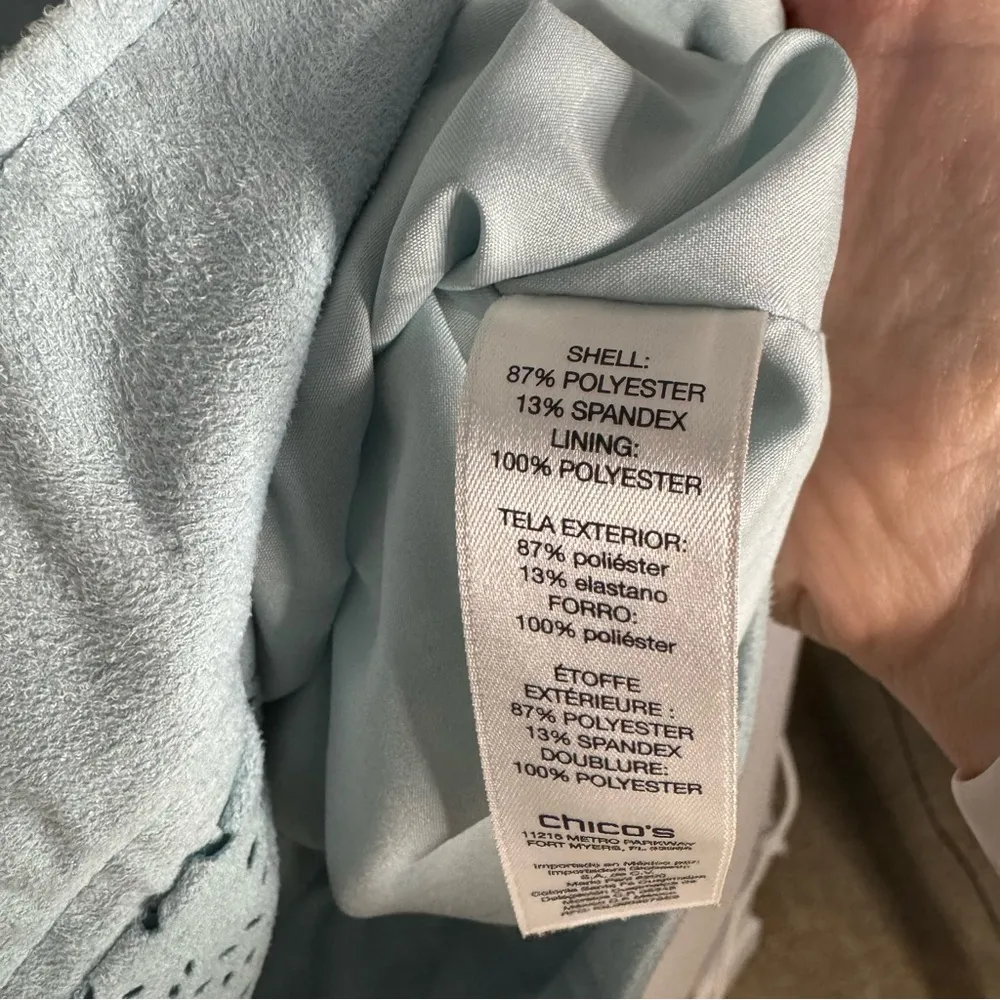 Chicos Light Blue Laser Cut Moto Jacket Faux Suede Floral Slant Zip Size 1 / Med - Image 6