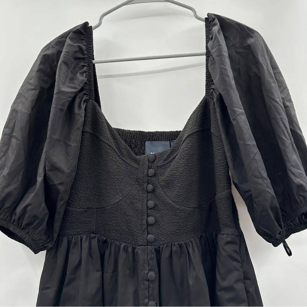 Anthropologie Maeve Puff Sleeve Smocked Button Front Black Mini Dress Size L NWT - Image 4