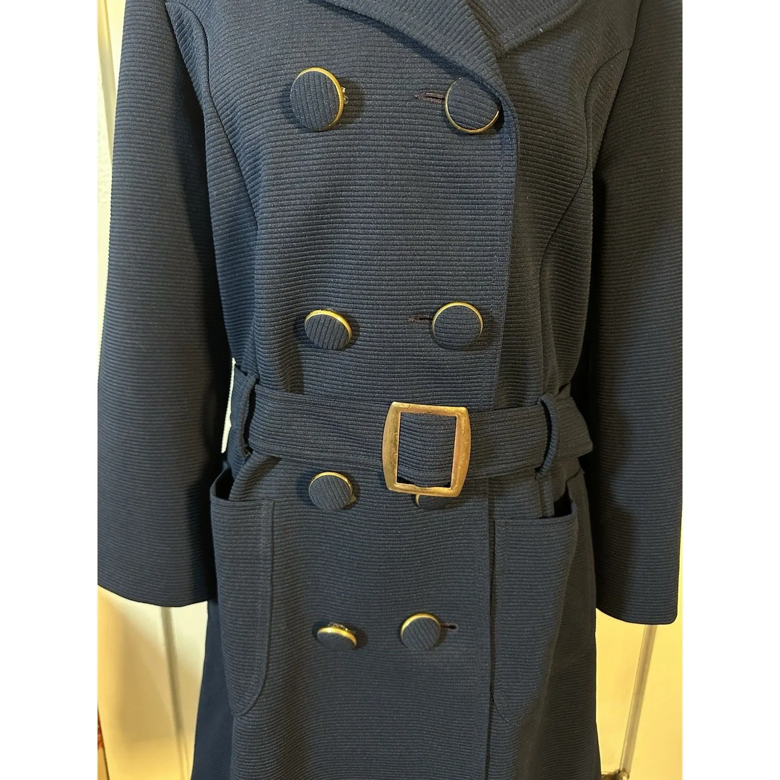 Vintage The Pageant Coat Navy Belted Double Breasted Swing Coat 1960s Size S Blue - Image 4