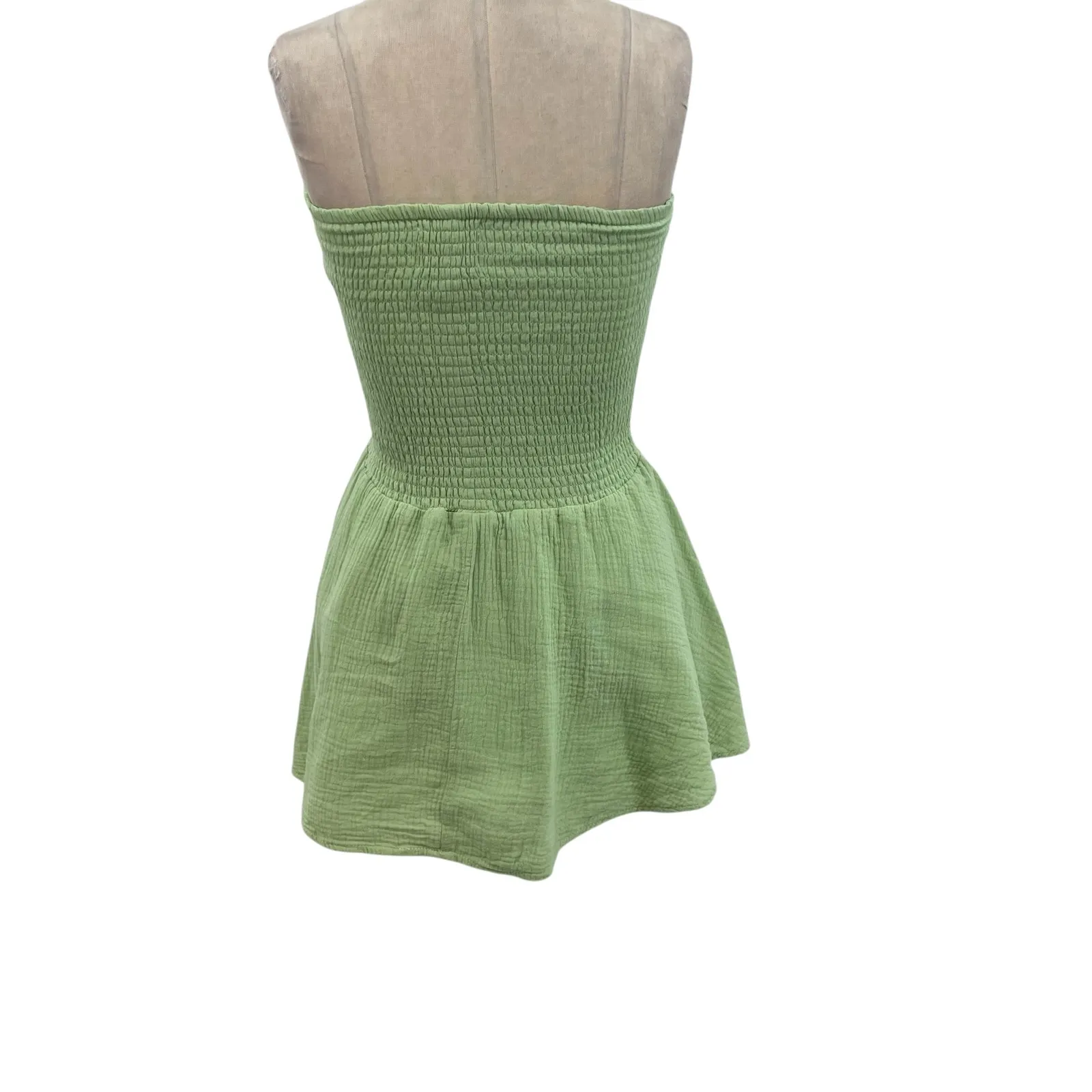 Sundays Micro‎ Mini Dress Strapless Smocked Cotton Gauze Green Size Small - Image 6