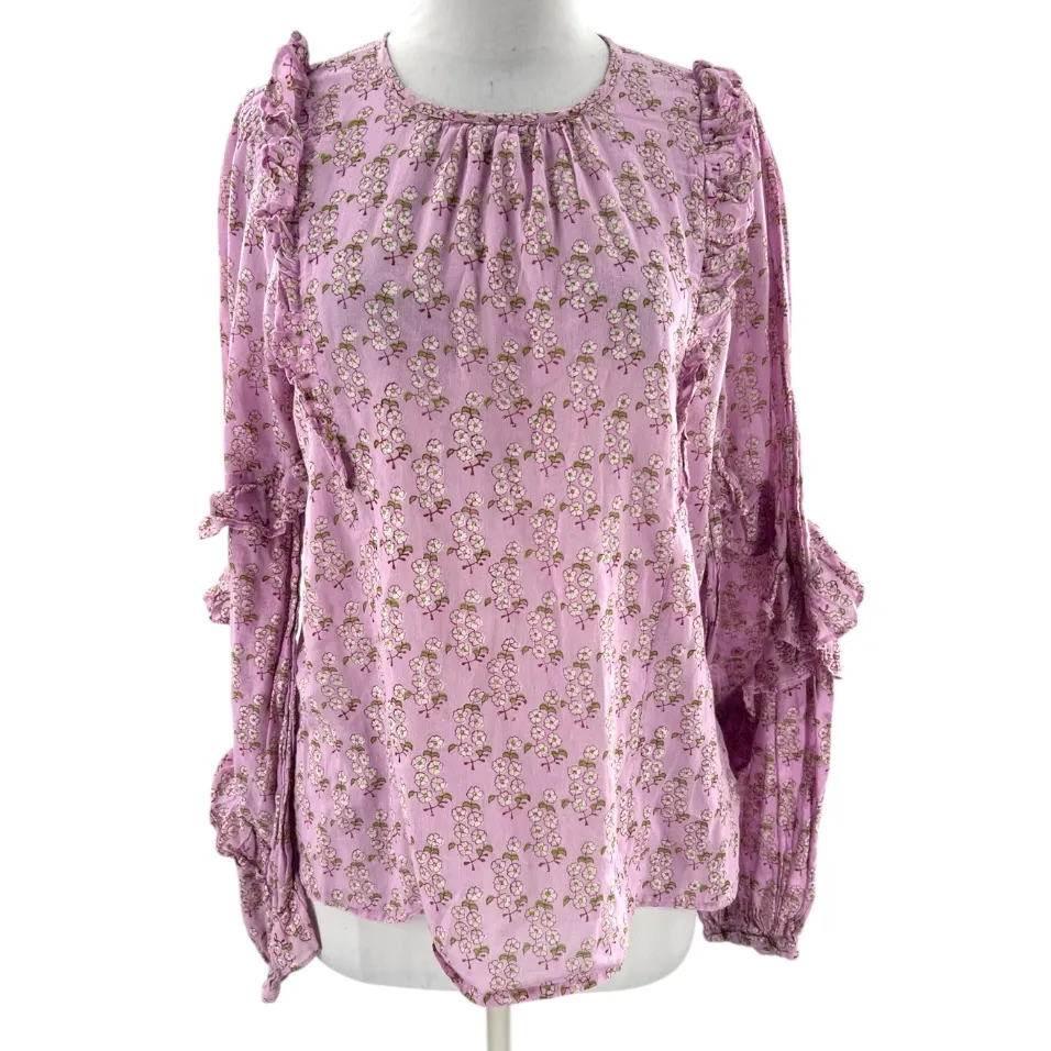 BANJANAN Margot top orchid bouquet floral ruffle blouse sz L Purple Size L - Image 5