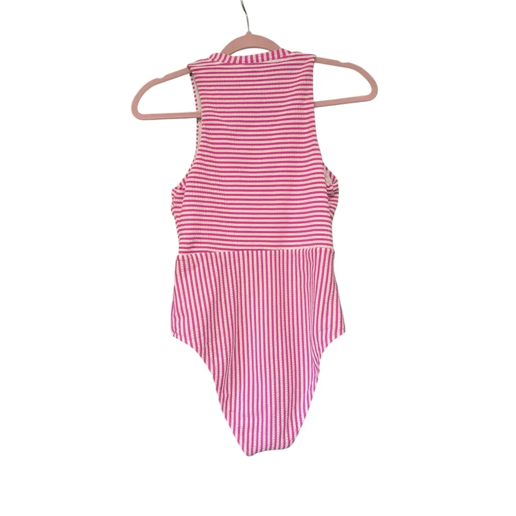Splendid Seersucker Pink and White Striped Zip Front High Neck Swimsuit, Sz M - Image 4