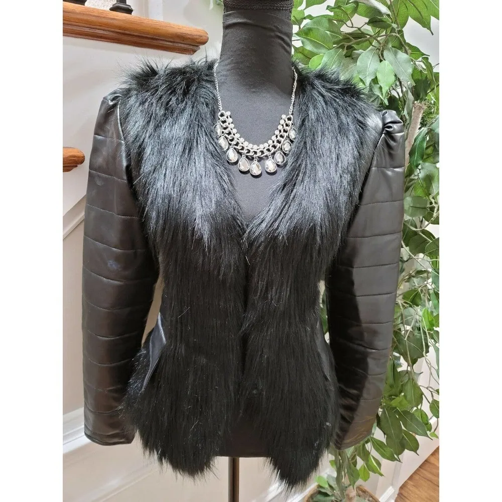 Hua Hua Meiyi Women's Black Leather Long Sleeve Faux Fur Casual Jacket Size S - Image 2