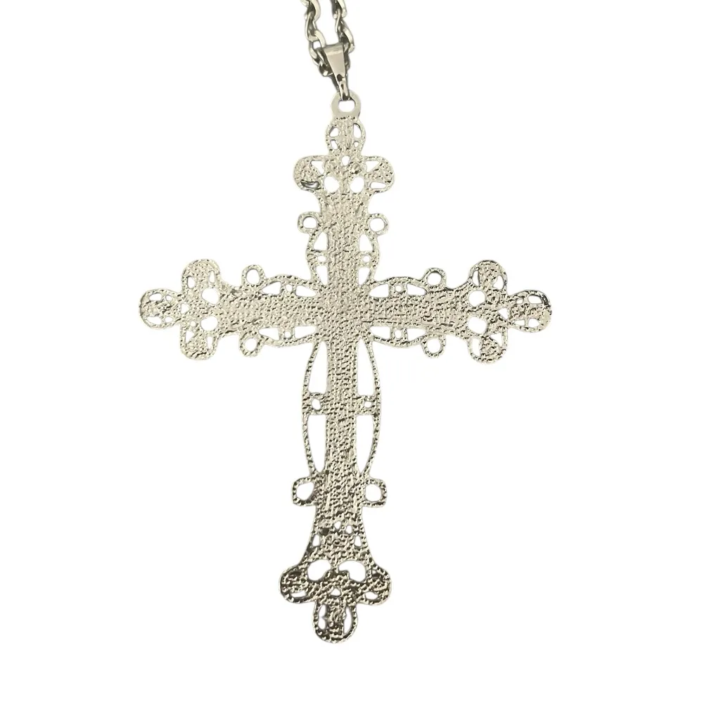 Silver Tone Metal Filigree Black Rhinestones Cross Pendant & Chain Necklace - Image 6