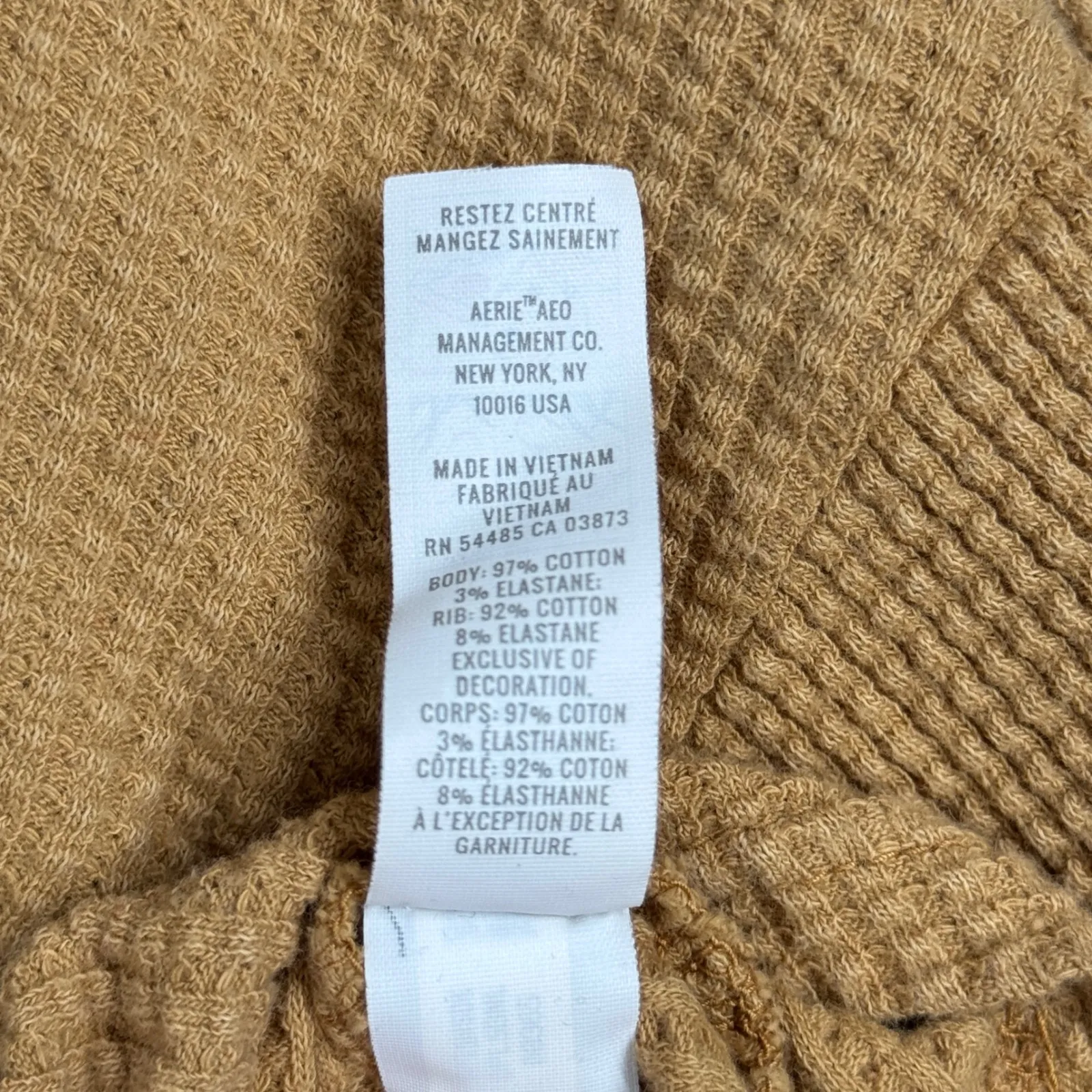 Offline By Aerie Waffle Knit Hoodie Women S Tan Long Sleeve Crop Pullover Lounge Brown - Image 7