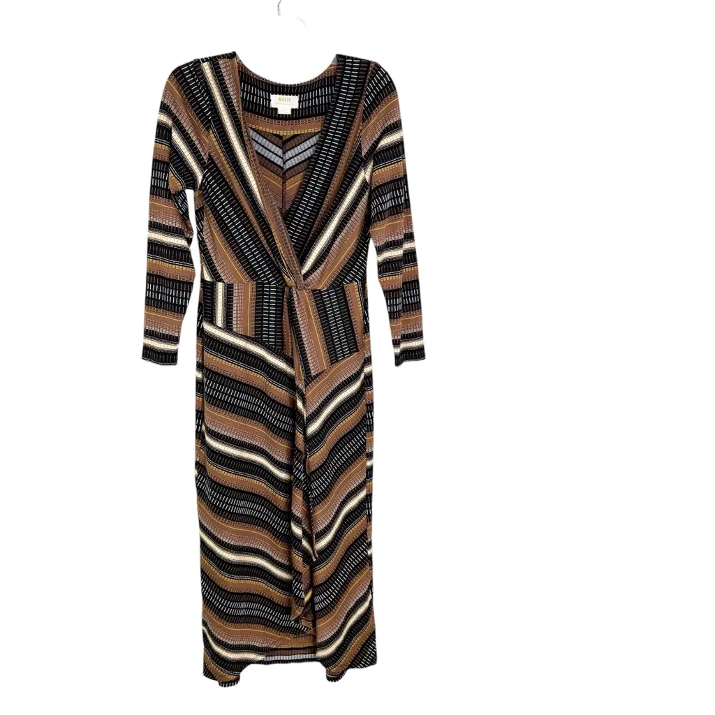 Anthropologie Maeve Black Knit Motif Wrap Midi Dress Brown Black Size M - Image 7