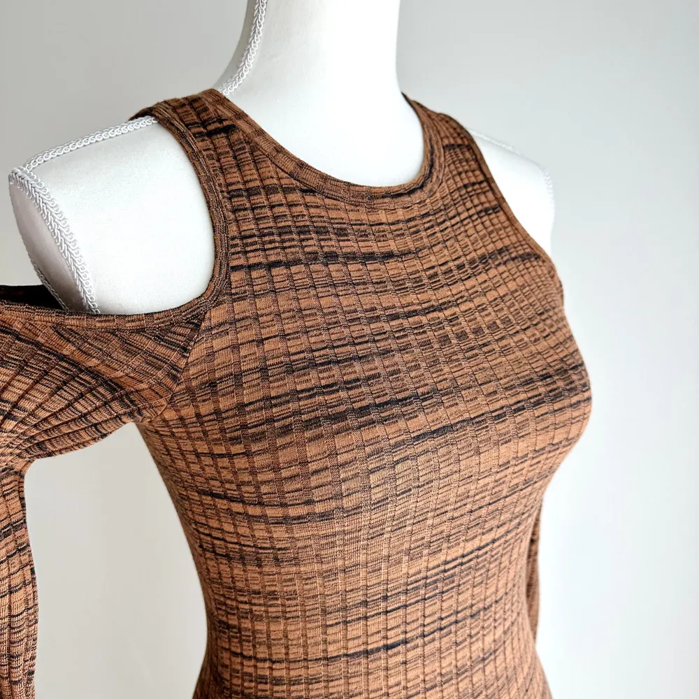 Zara Ribbed Knit Midi Dress Long Cutout Sleeve Brown A Line Cotton Blend S NWT - Image 14