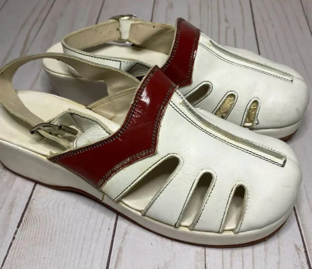 Vintage 60's Leather Clog Shoes Mules sz 35 5 wedge heel White Red costume - Image 2