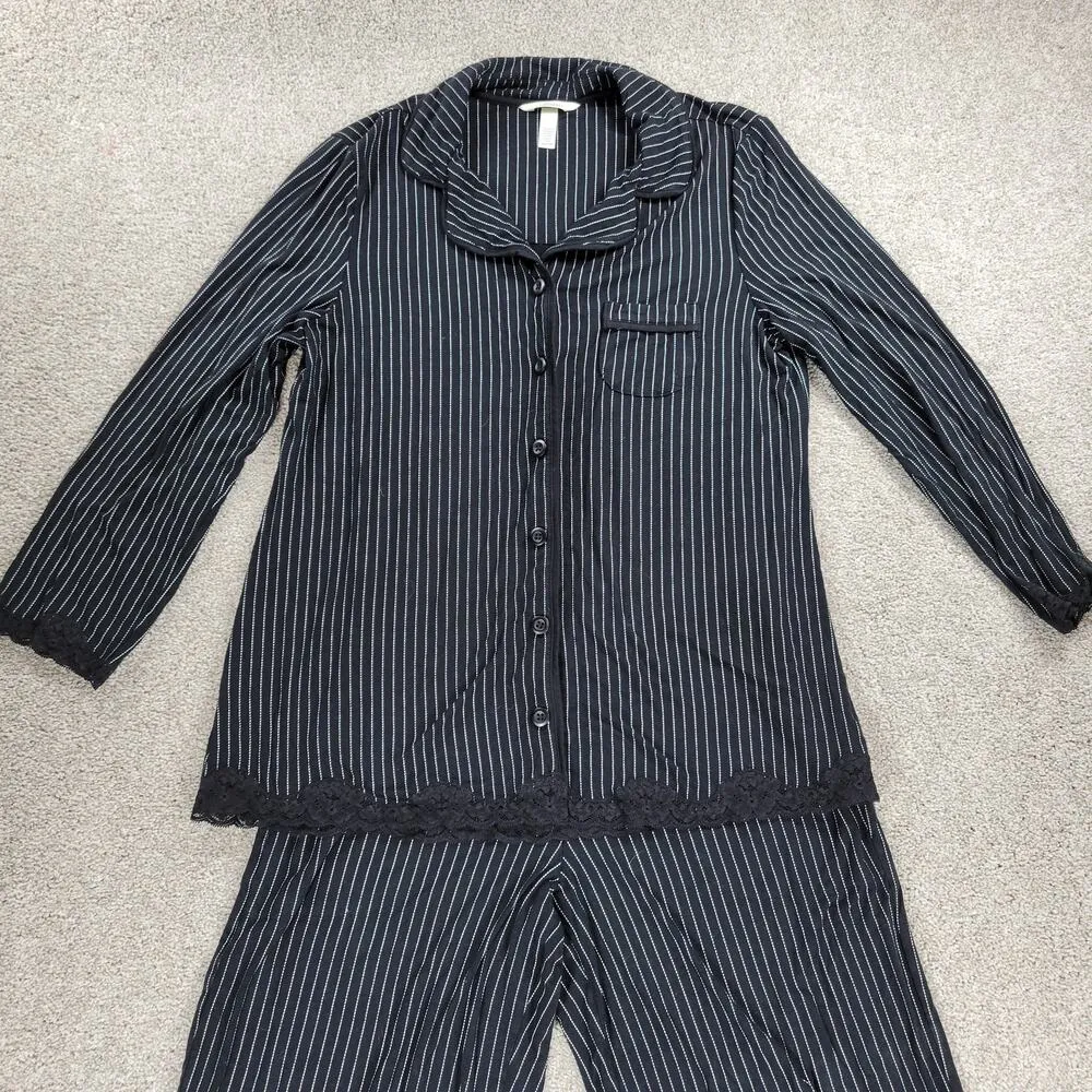 Soma Cool Collection Night Pajama Set S/M Black Stripes Lace Trim Crop Button Up - Image 13