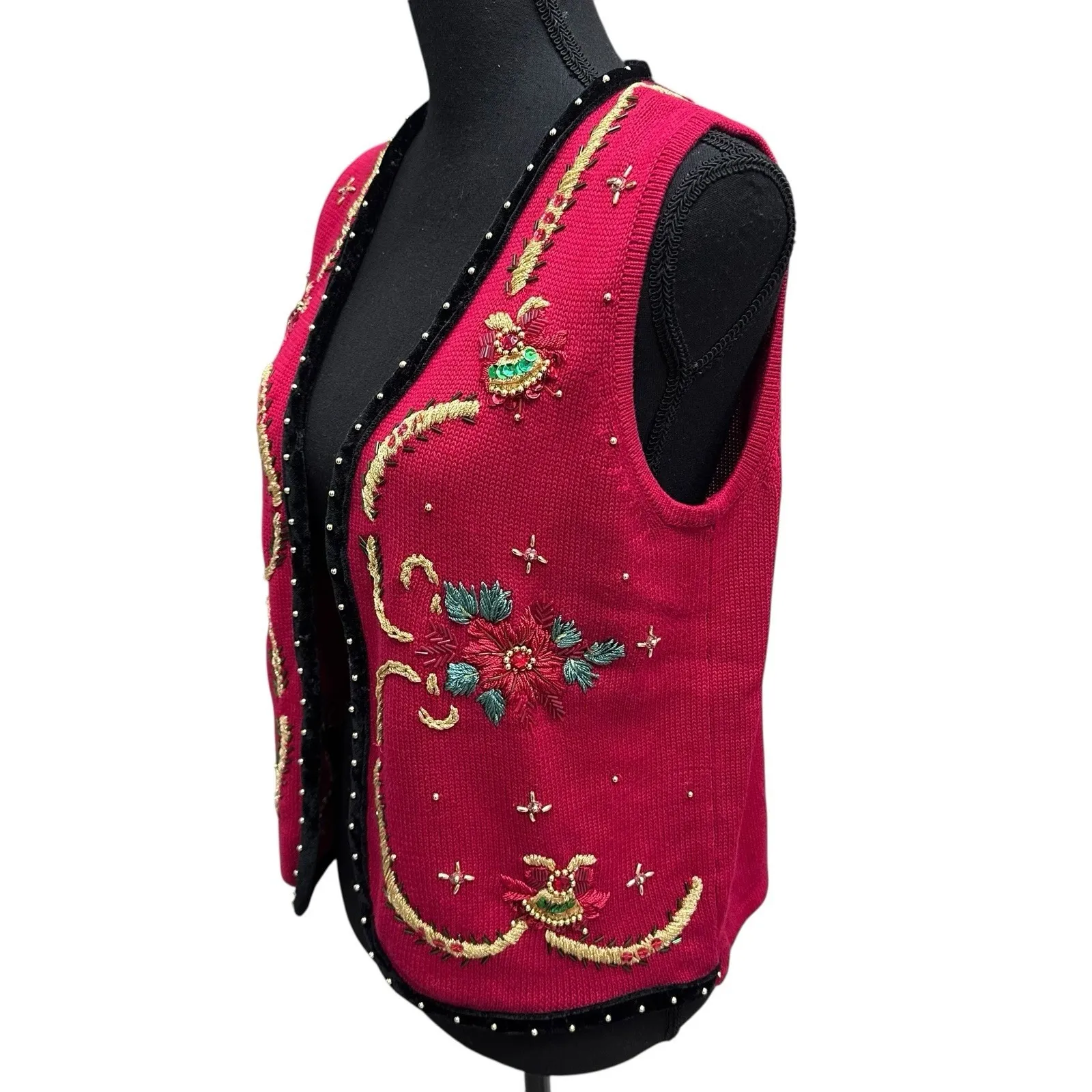 Vintage Theme Works Christmas Embroidered & Beaded Vest Cardigan Size PM Red - Image 2