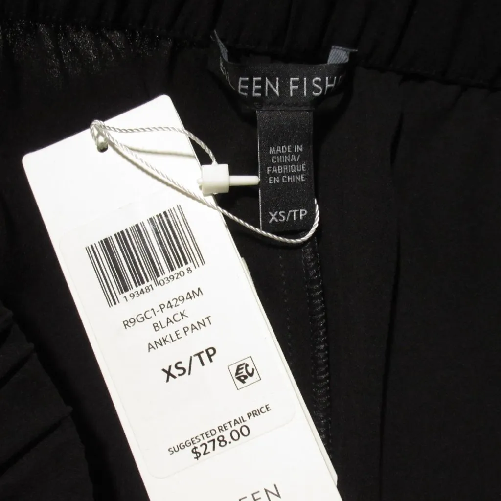 NWT Eileen Fisher Ankle in Black Silk Georgette Crepe Tuxedo Stripe Pants XS - Image 6