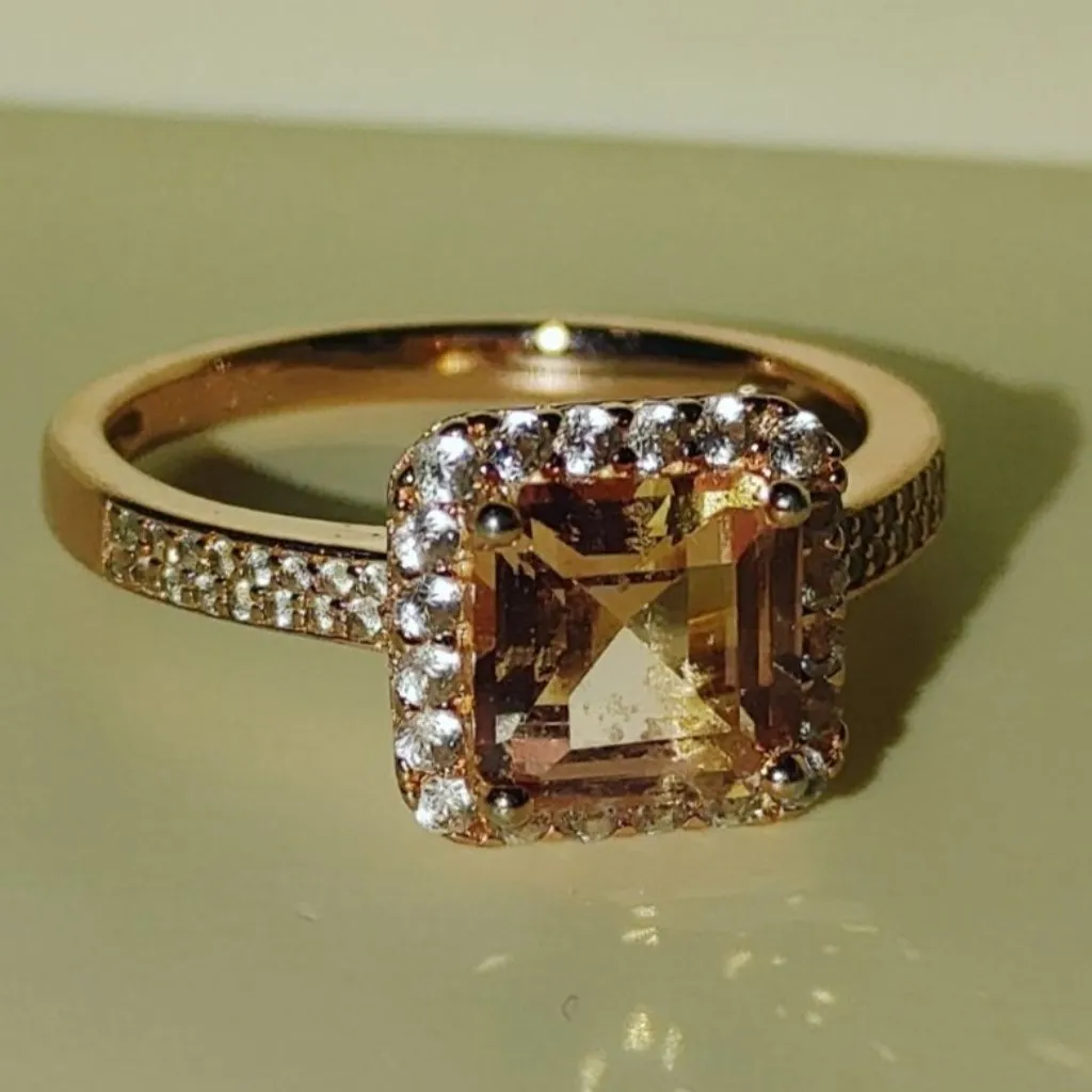 Halo Pink Glow Stone Silver Ring Size 7 Cushion Cut Rose Gold HGE 925 Sterling - Image 4