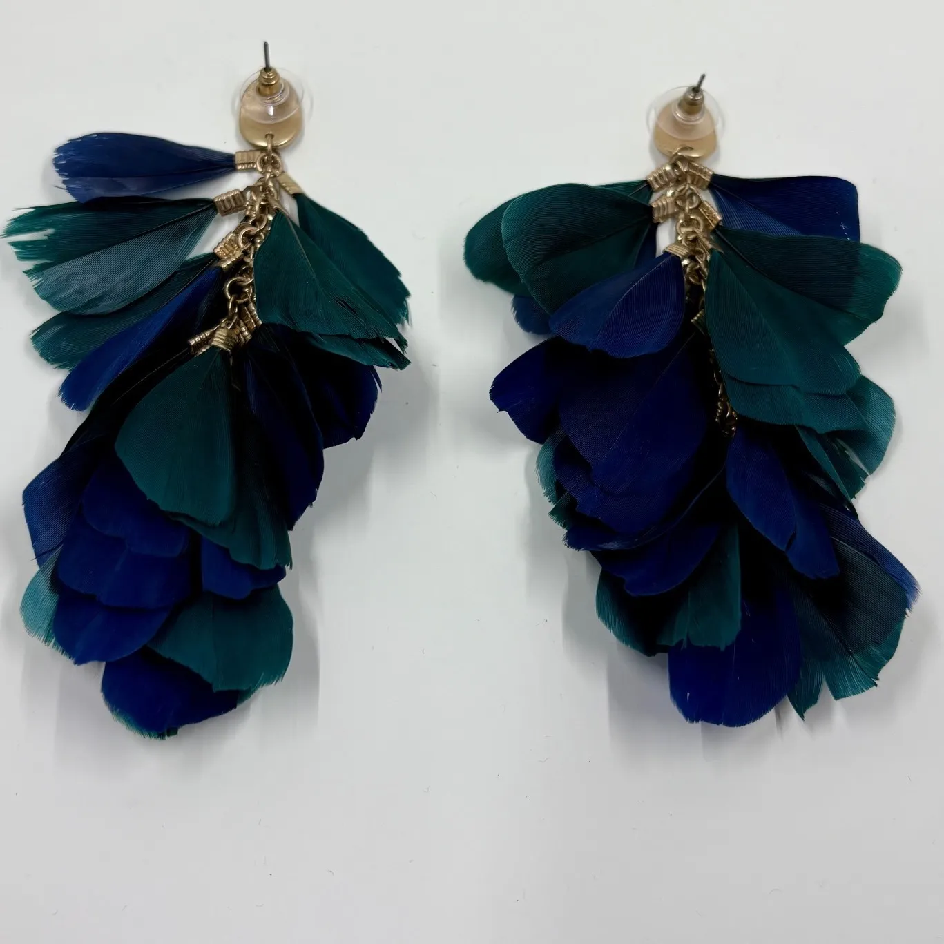 Boho Feather Dangle Earrings Green Navy Blue Gold Tone Statement - Image 2