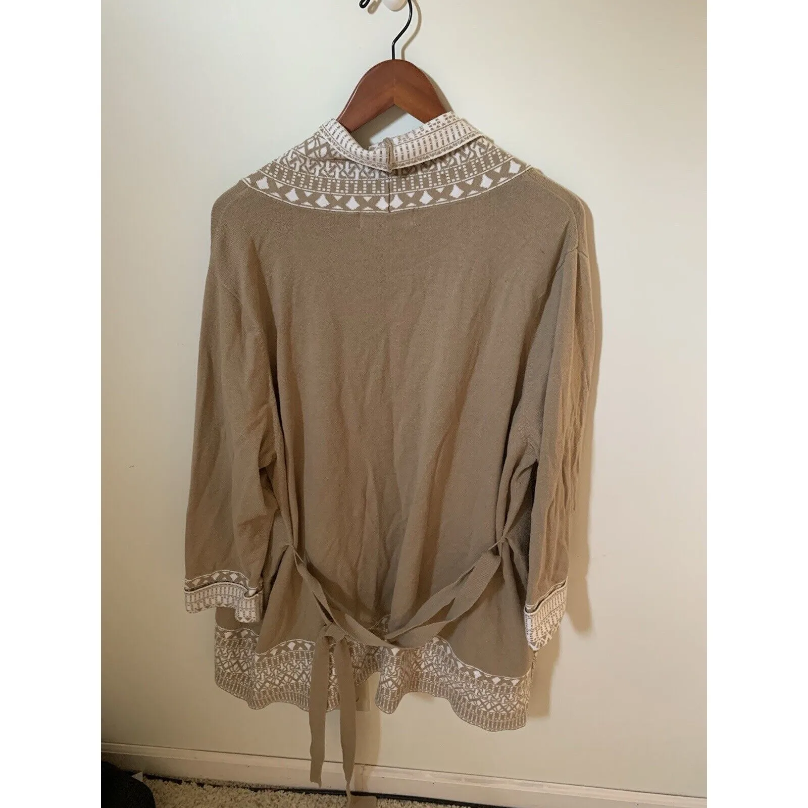 Susan Graver Style Womens 1X Cardigan Tie Waist Lounge Brown White Aztec - Image 3