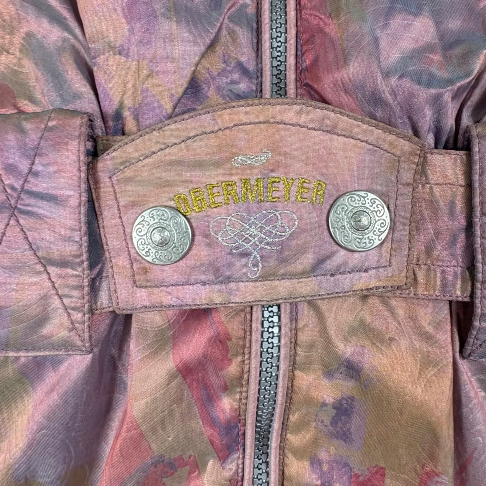 Obermeyer Women Vtg Ski Jacket Hooded Pink Purple Metallic Paisley Full Zip Sz L - Image 2