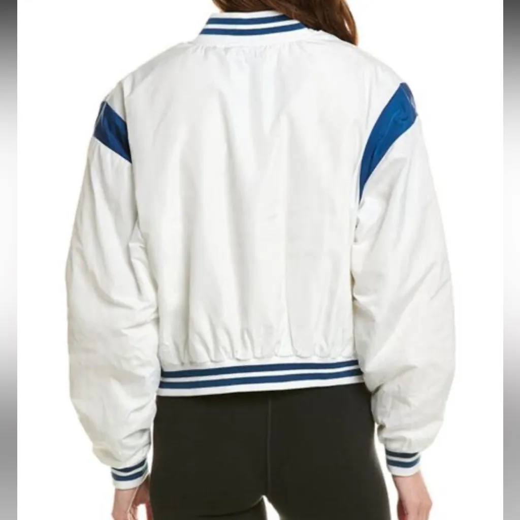 IVL Cropped Varsity Bomber White with Blue Stripes Size XS NWT - Image 2