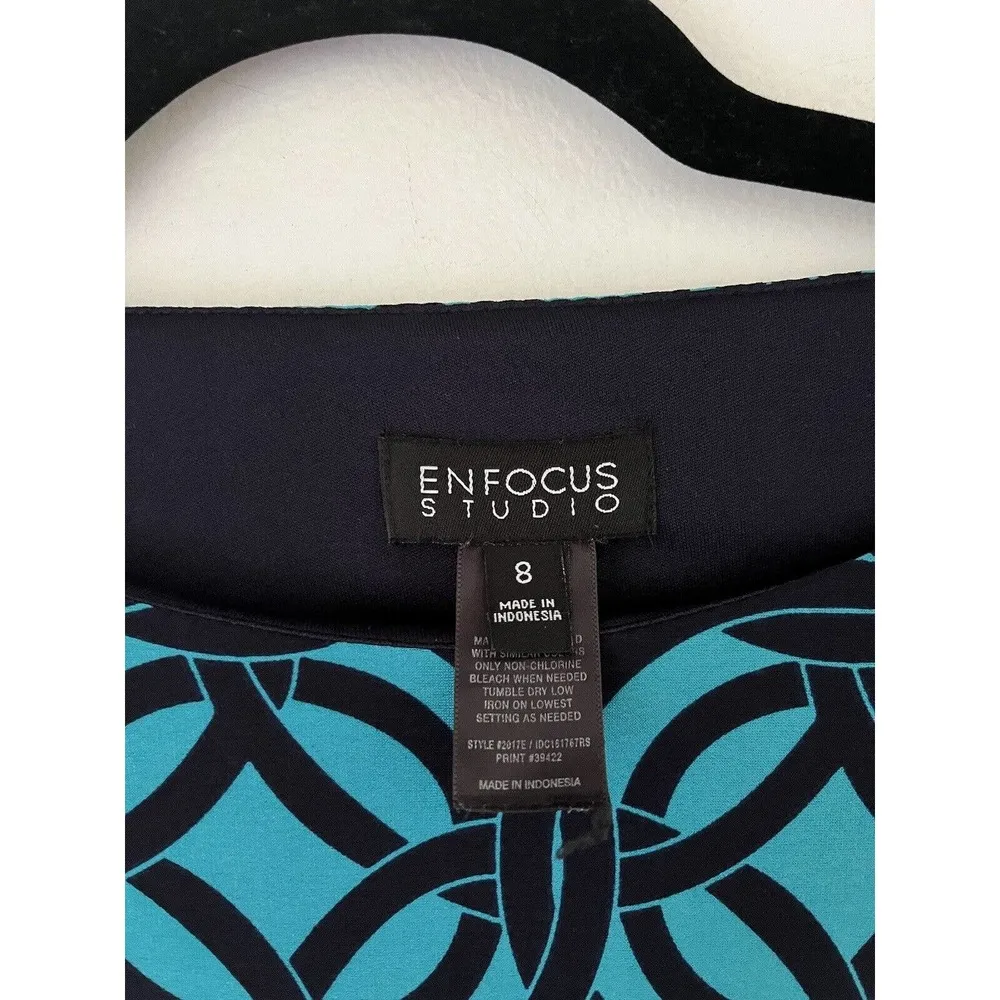 Enfocus Studio Blue Geometric Print Slinky 3/4 Sleeve Career Shift Dress Size 8 - Image 4