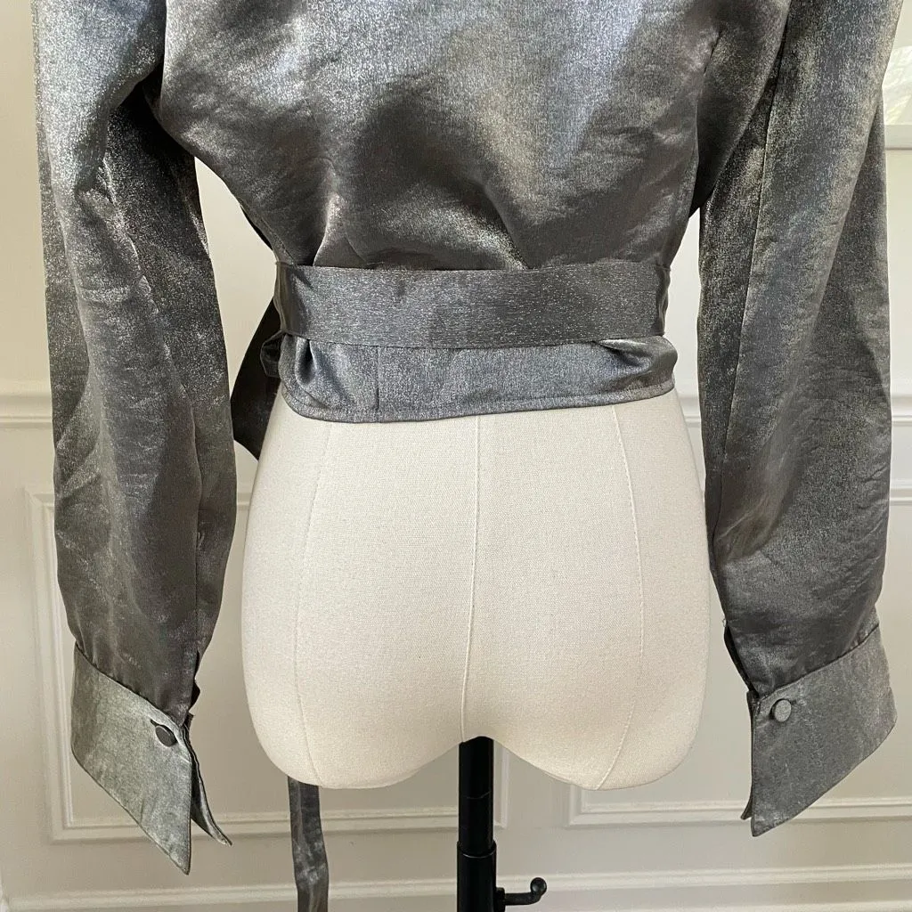 Vintage 80s 90s Le Château Metallic Silver Gunmetal Cropped Wrap Shirt M Size M - Image 8