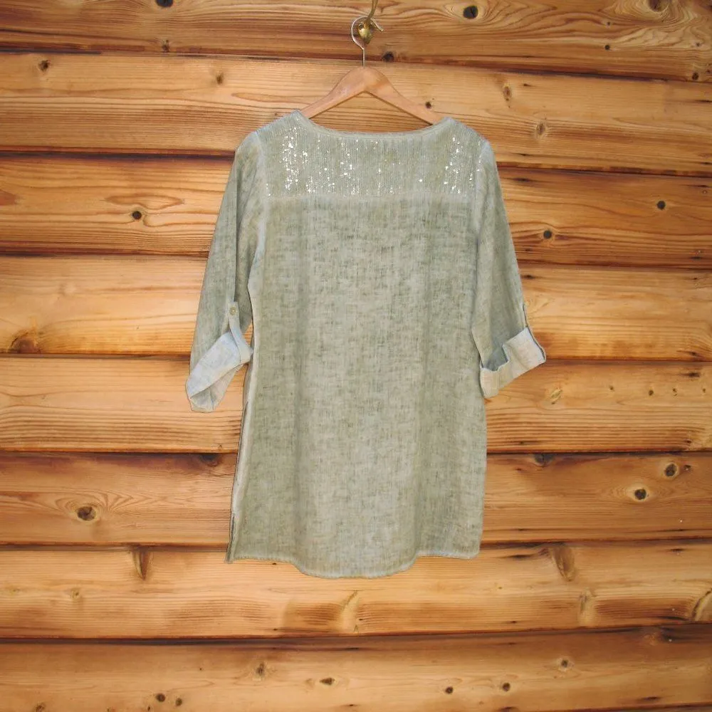 Green Sequin Linen Tunic Top - Image 6
