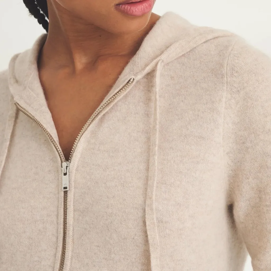 Naadam Signature Cashmere Cropped Zip Up Hoodie in Oatmeal, Size Small - Image 2