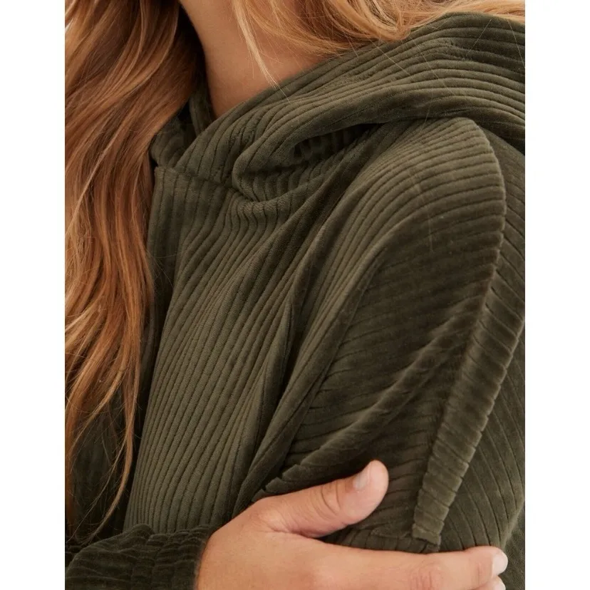 NEW Aerie Groove On Green Ribbed Velour Oversized Cropped Hoodie Sweater | L - Image 6