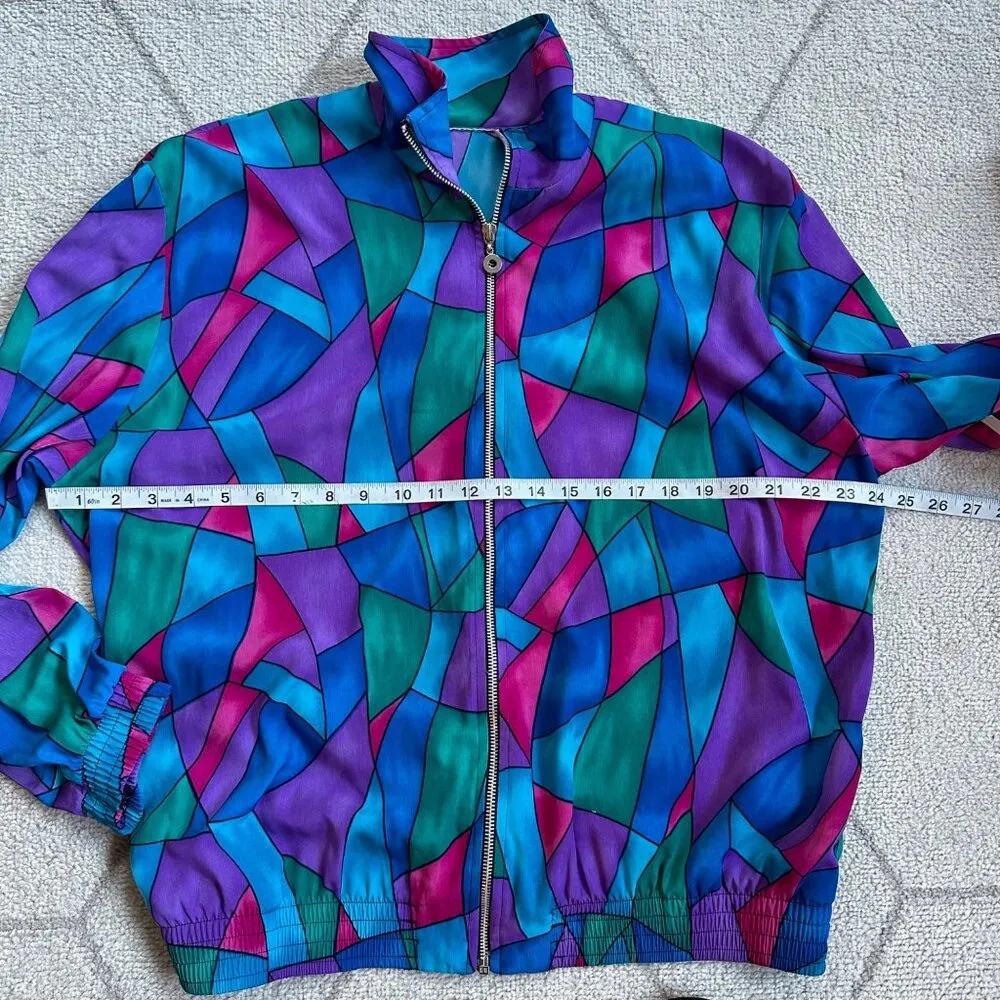 Vintage 80s/90s Multicolored Windbreaker Stained Glass Print Design Sz L/XL Blue - Image 5