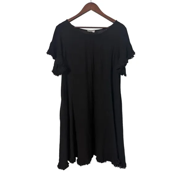 Umgee Women Large Black Fringe Hem Tunic Midi Dress Minimalist Casual Indie Boho - Image 2