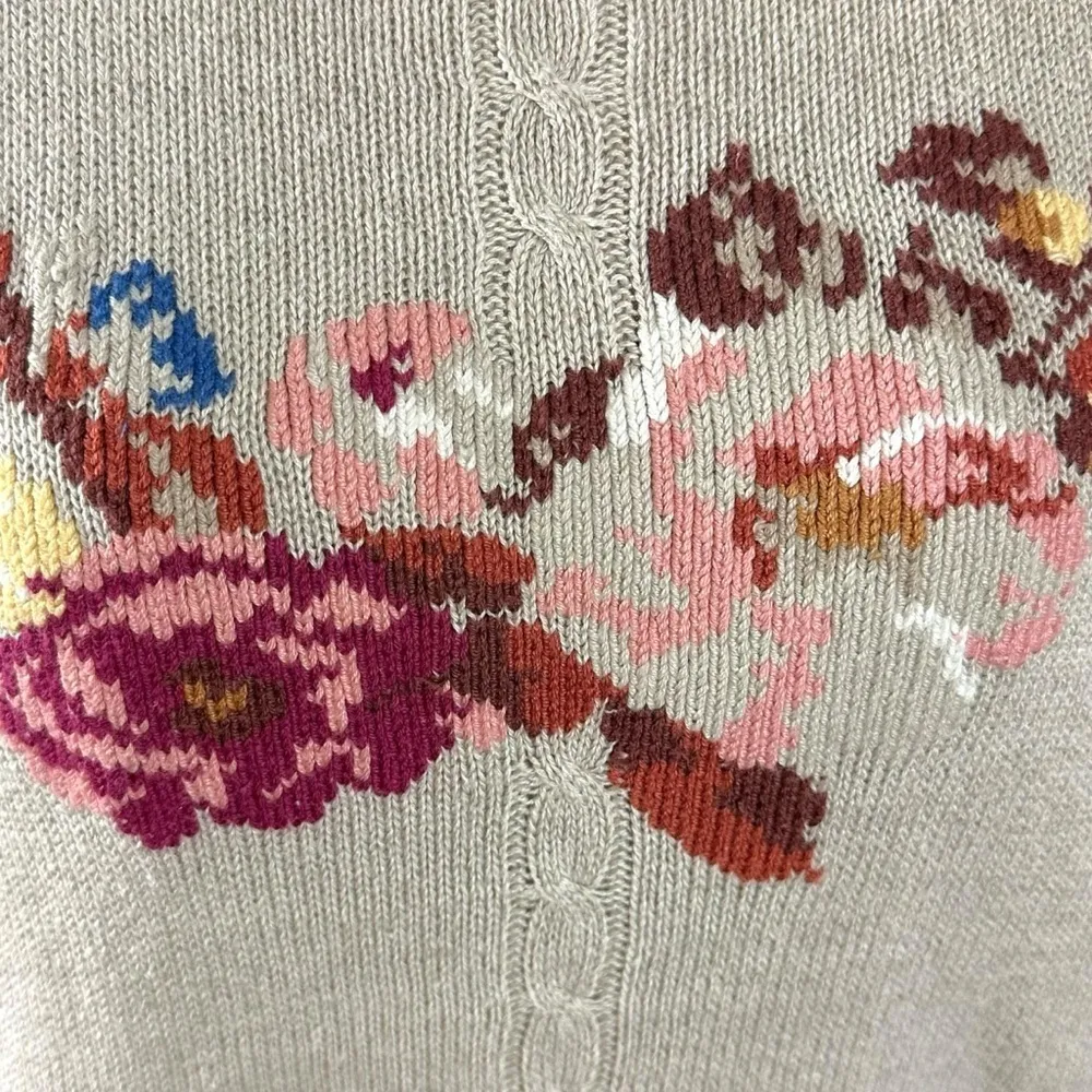 Vintage 90s Dainty Linen Floral Sweater Neutral Tan Size Medium Half Sleeves - Image 4