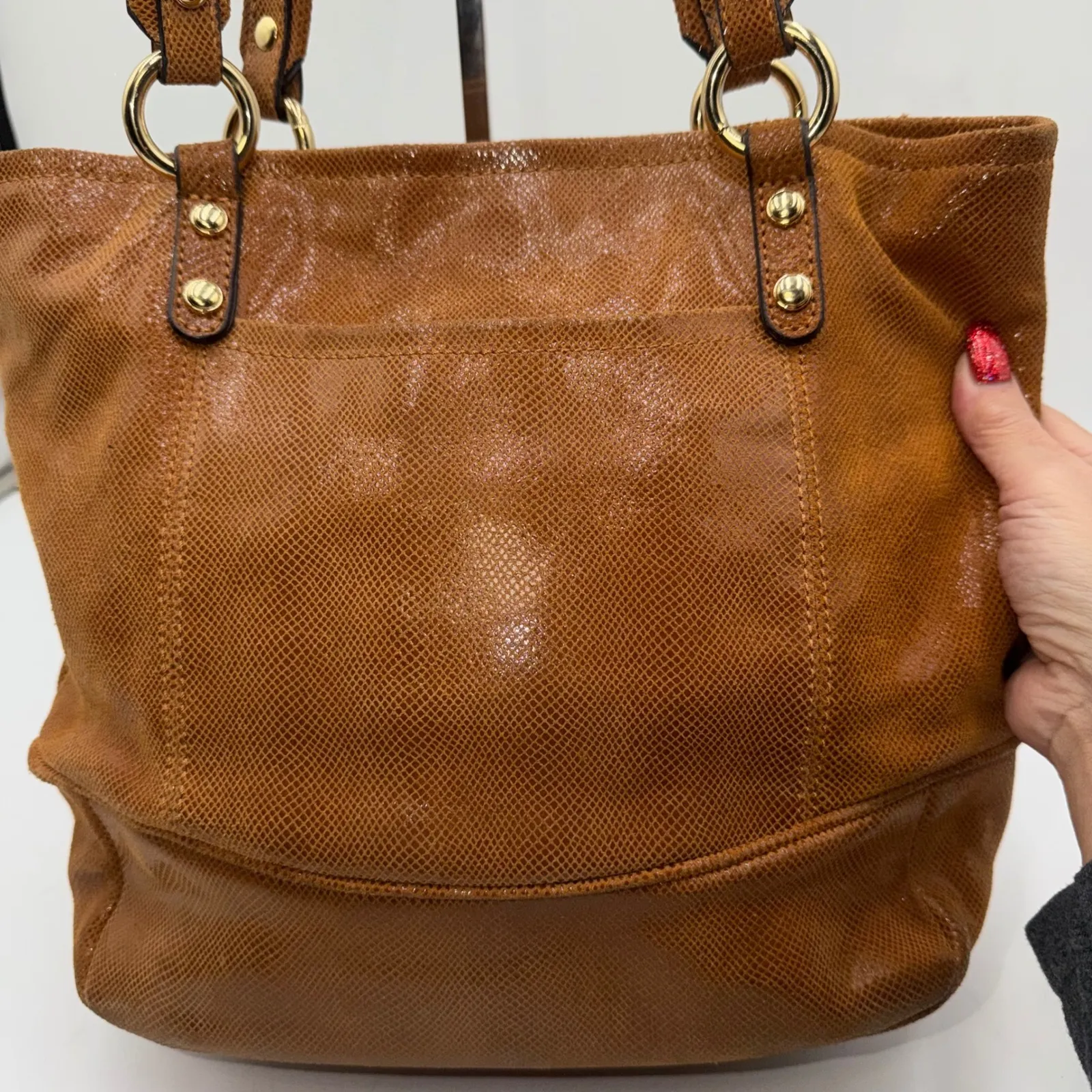 B Makowsky Brown Textured Leather Tote Bag Gold Hardware - Image 4