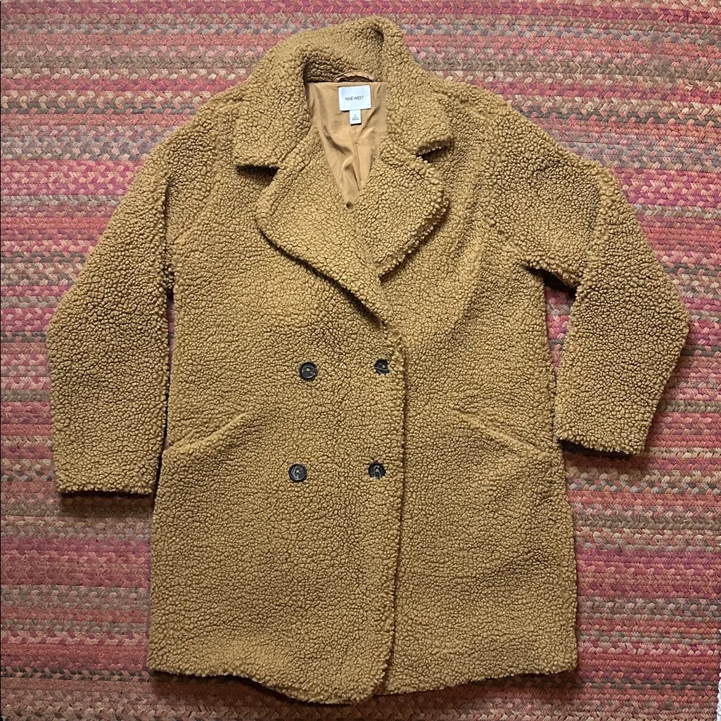 NWOT NINE WEST TAN CAMEL TEDDY BEAR LONG TRENCH JACKET - Image 2