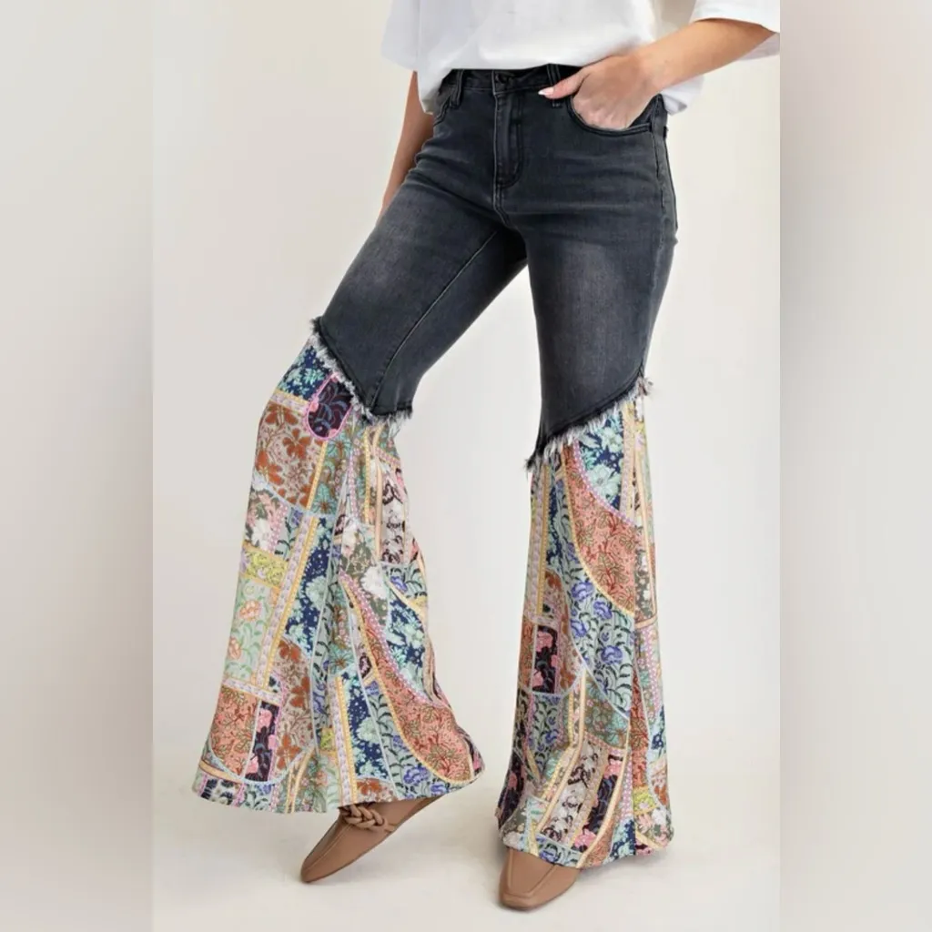 70’s Womens Mid Rise Jeans Patchwork Bell Bottom Pants Washed Denim Size S New Black - Image 8