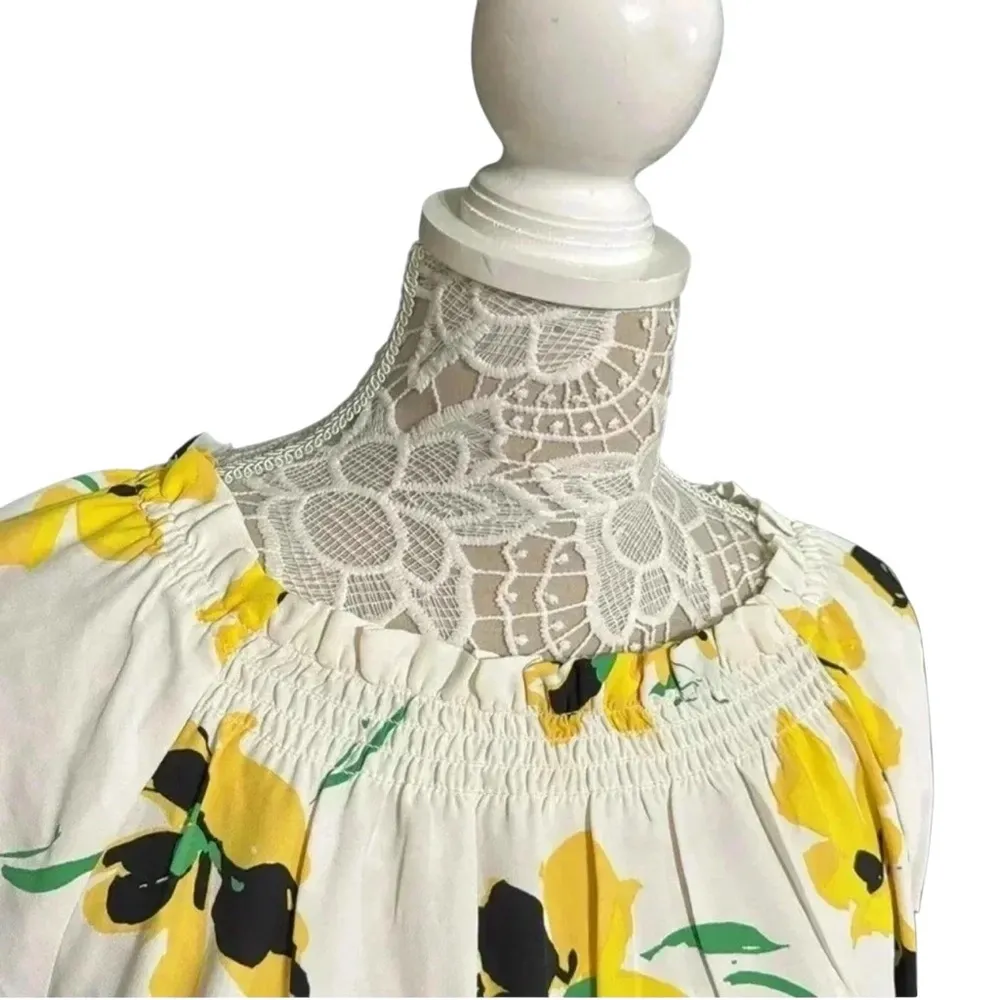 Yellow Floral Blouse Top Women’s Long Sleeve Smocked Neck Boho Spring Summer - Image 6