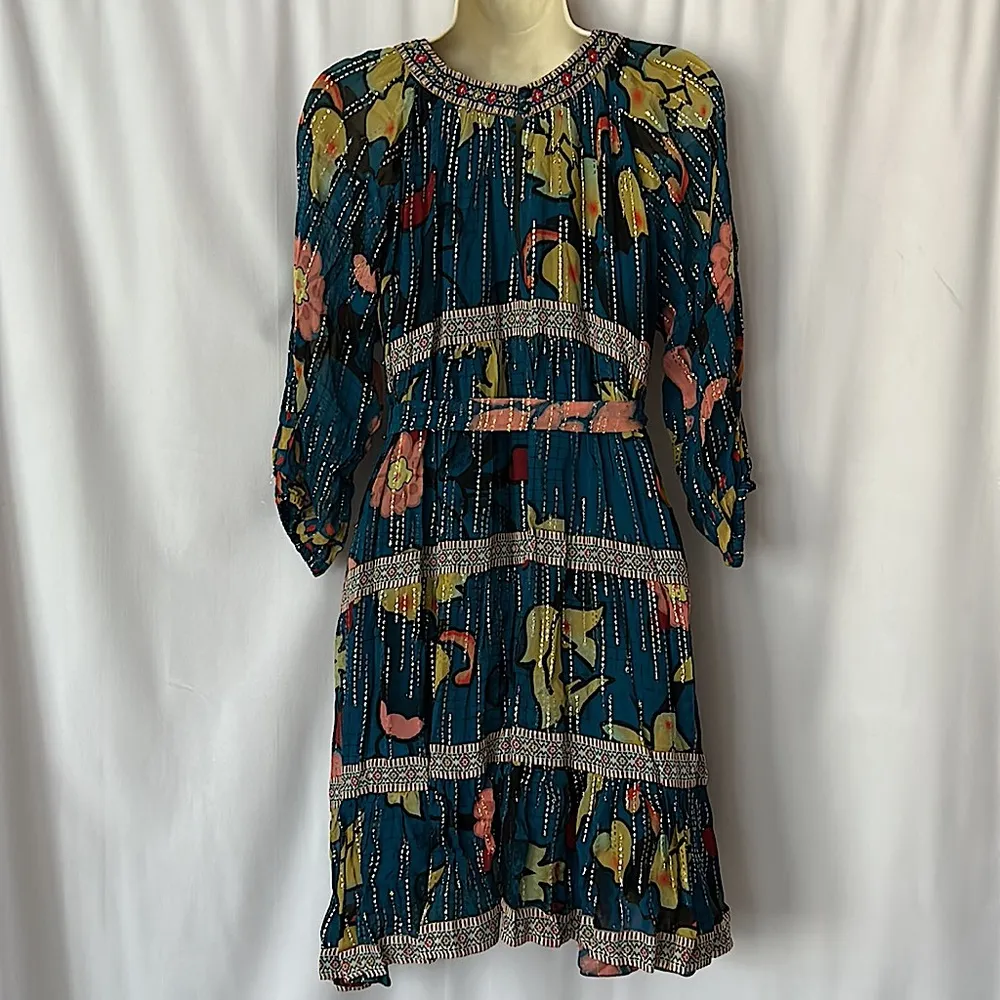 Anthropologie Verb Pallavi NWT Boho Dark Blue Floral Eulalia Gold Dress **Sz 4** - Image 2