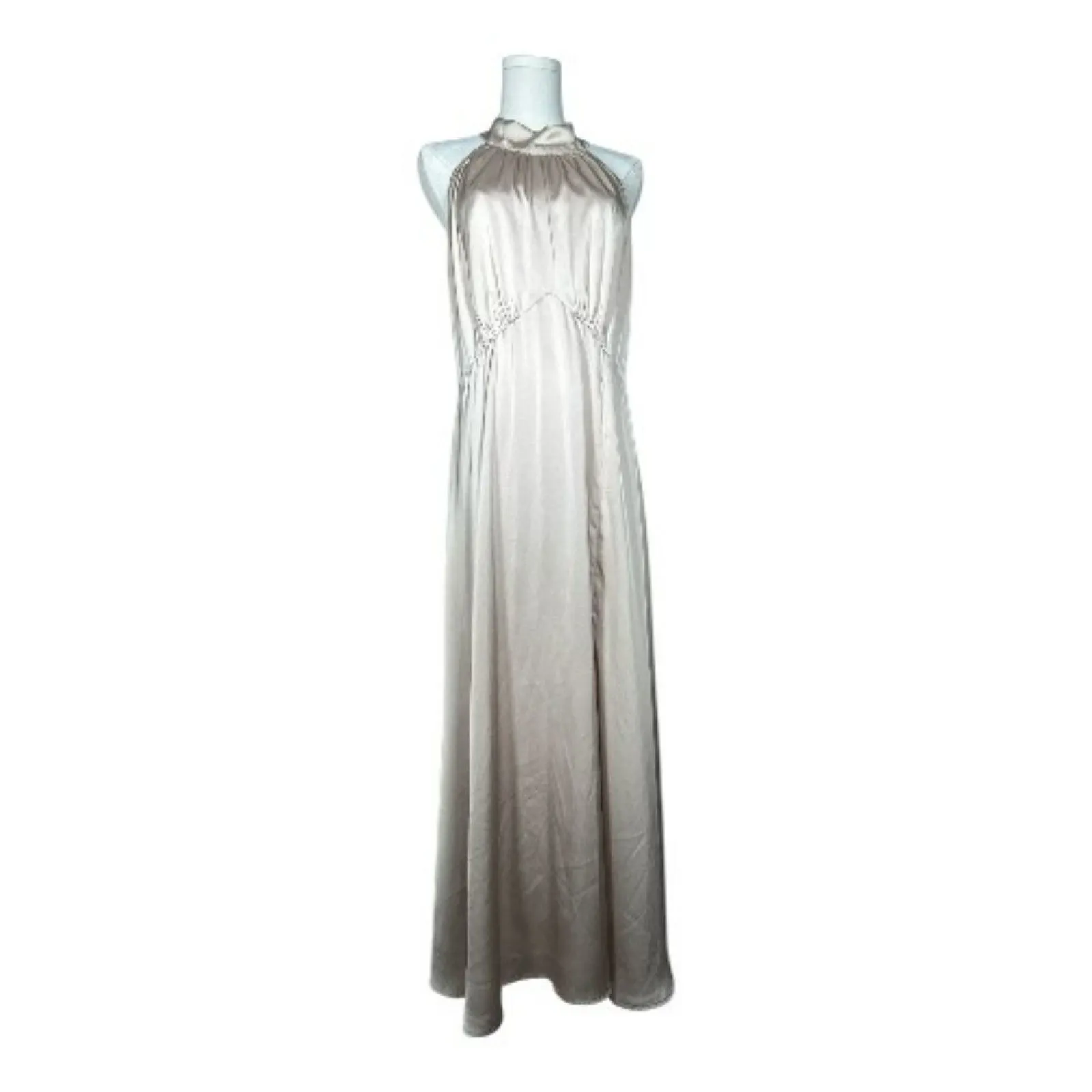 Champagne Colored Satin Halter Dress with‎ Slit Gold Size L - Image 5