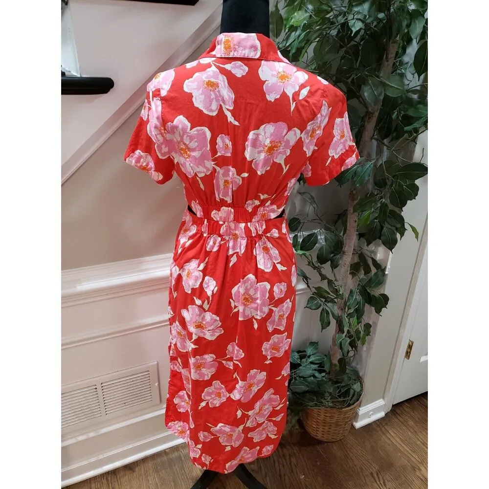 Old Navy Women's Red Floral 100% Cotton V-Neck Short Sleeve Knee Length Dress S - Image 11