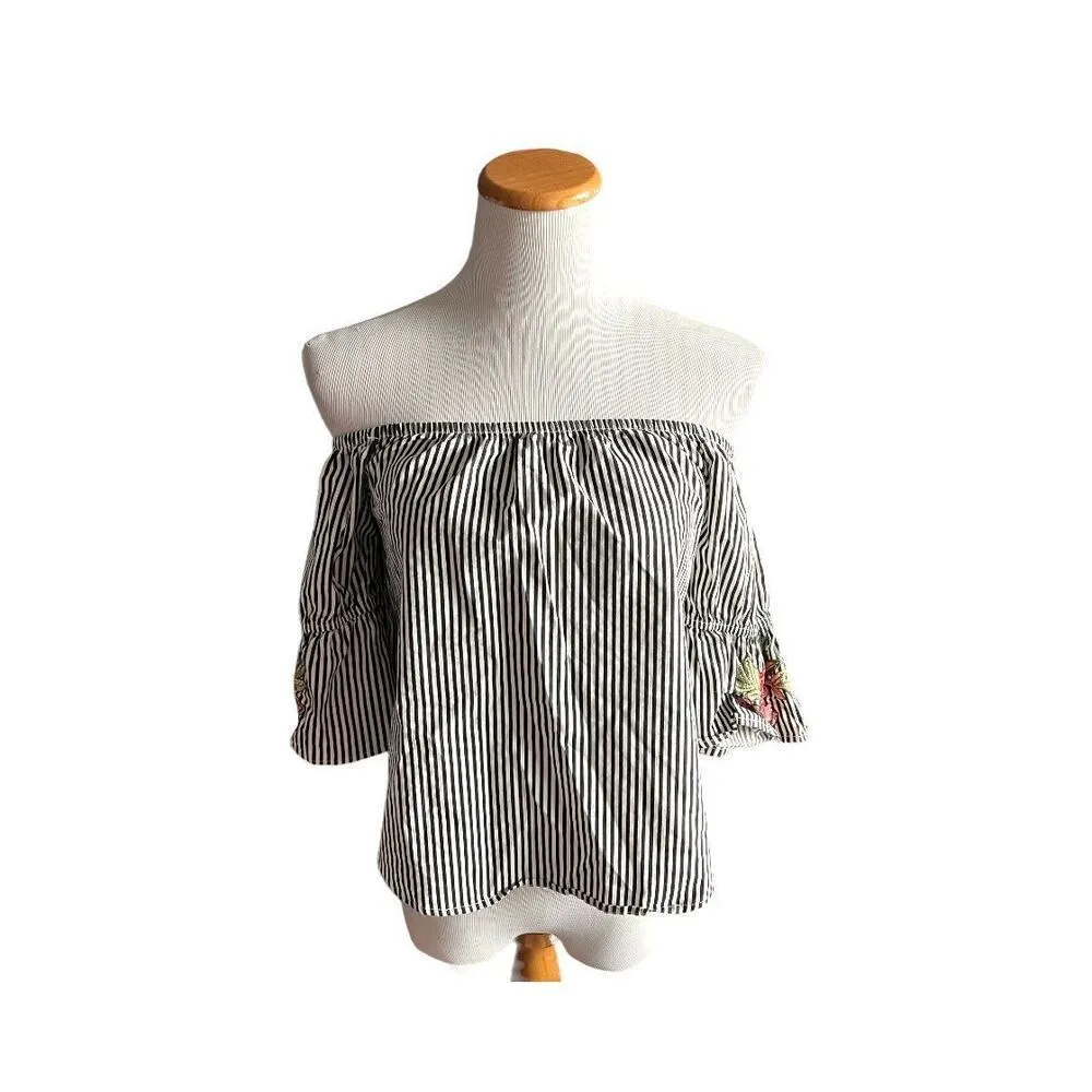 Womens Ambiance Apparel Striped Off Shoulder Floral Embroidered Top - Image 3