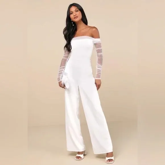 Lulus Eternal Bliss White Tulle Off-The-Shoulder Wide-Leg Jumpsuit Size‎ L - Image 10