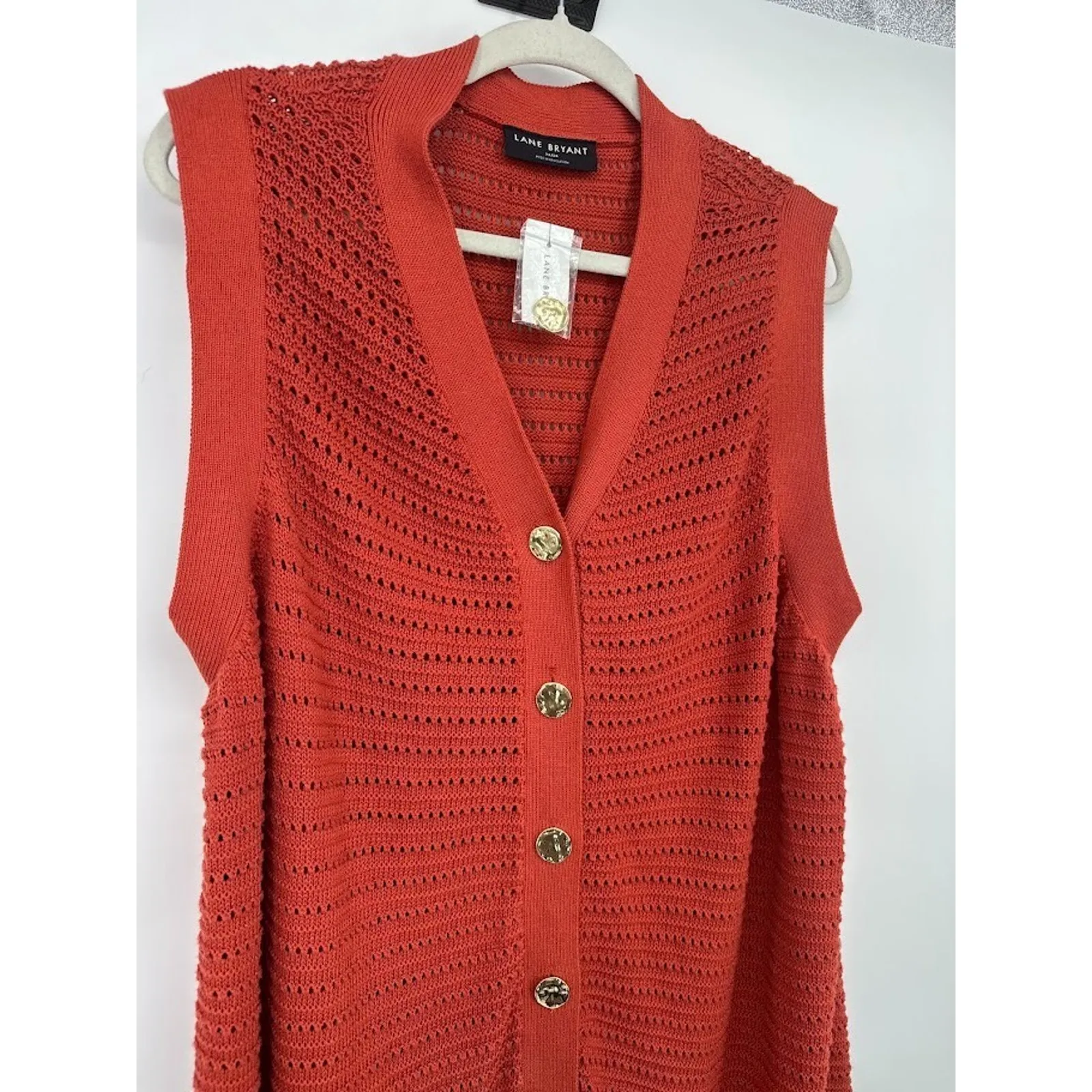 Lane Bryant Plus Size 22/24 Cardigan Open Knit Duster Sweater Gold Button Orange - Image 4