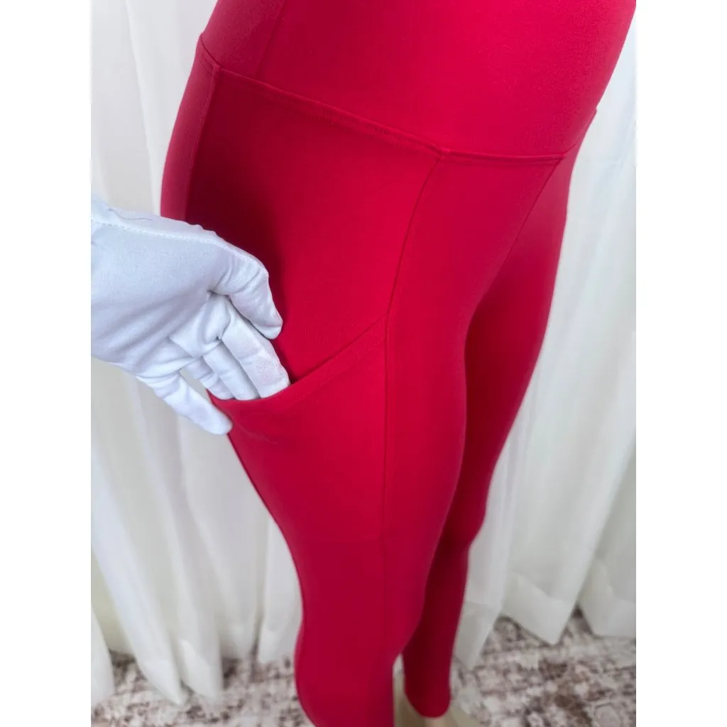 Zenana Wide Waistband Full Length Active Loungewear Leggings w/ Pockets Red SM - Image 7