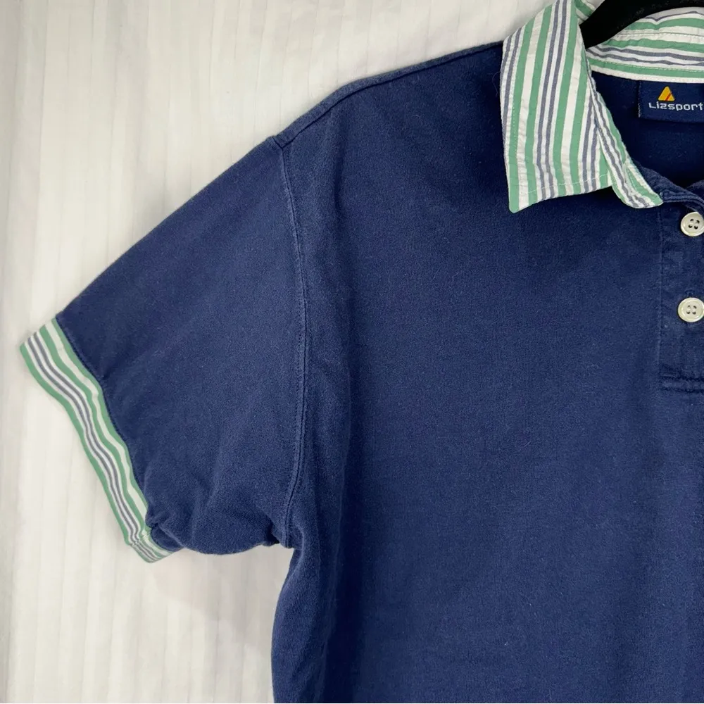 Liz Sport Golf Bags Vintage Navy Blue Polo Shirt Women’s Size Large Striped Trim - Image 2