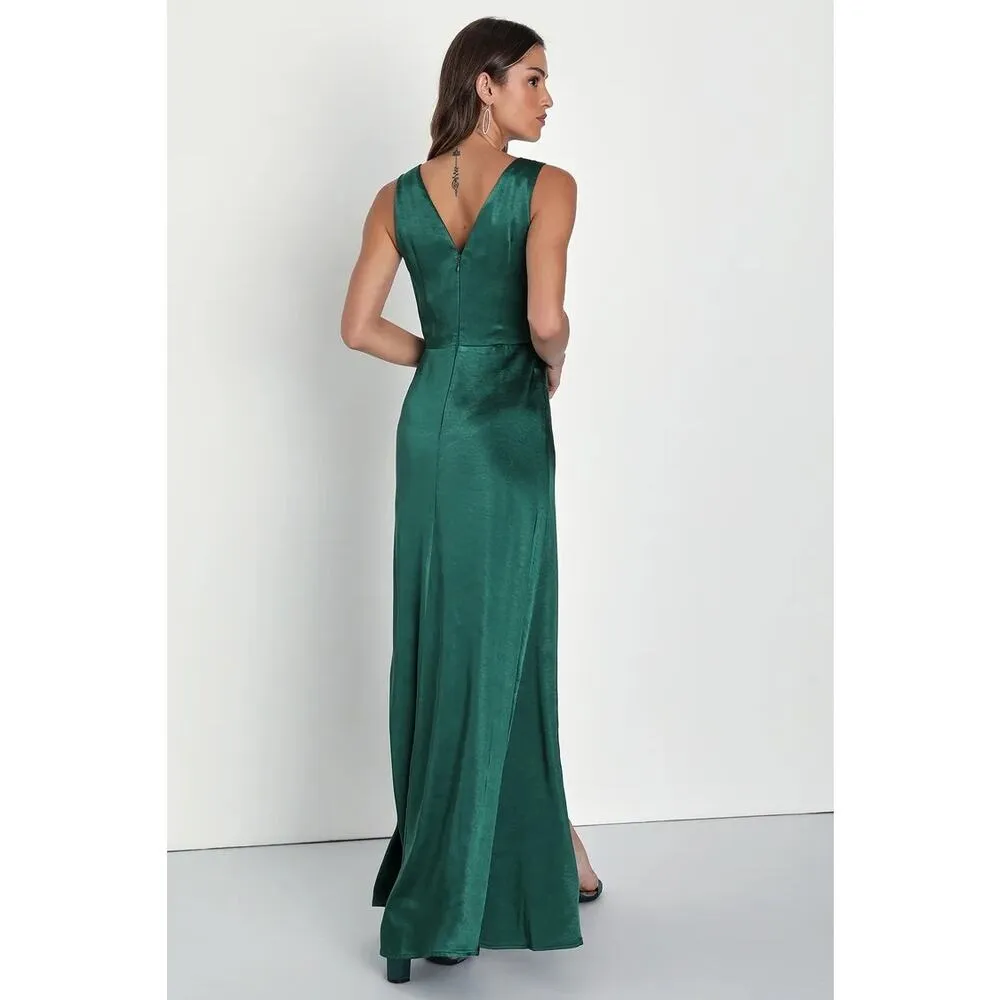 NWOT Lulus Perfect Refinement Emerald Satin Sleeveless Pleated Maxi Dress Size L - Image 2